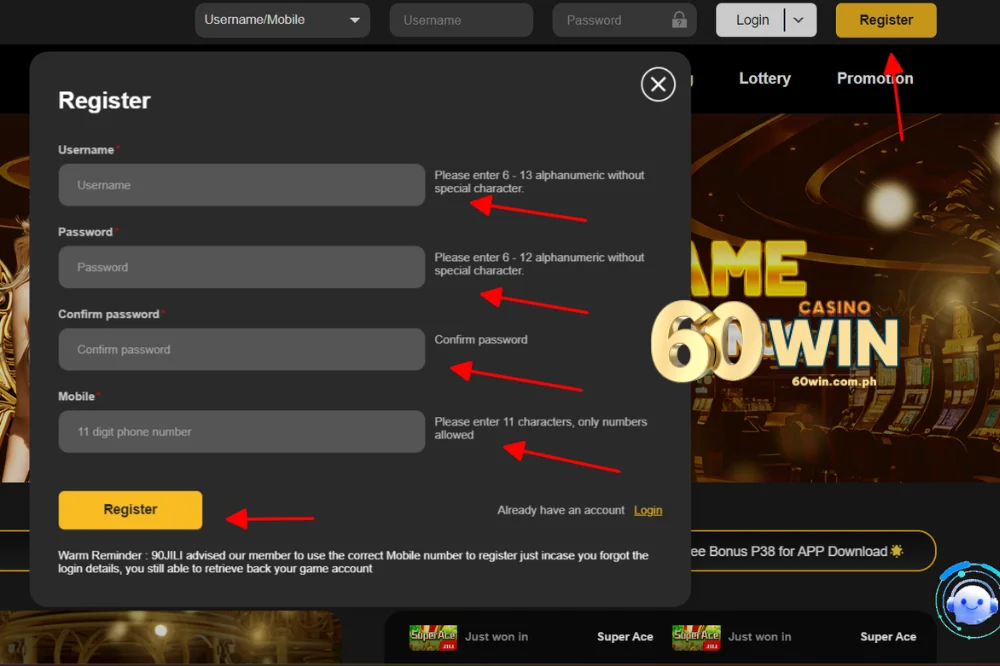 Instructions 60win register for new players